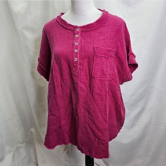 LA MIEL Pink Gauze Henley The Molly Top Size Medium - Picture 10 of 10